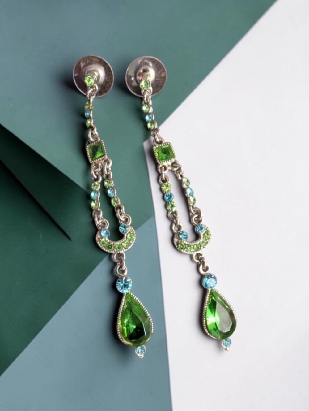 Vintage Art Deco Green & Aqua Crystal Chandelier Dangle Earrings